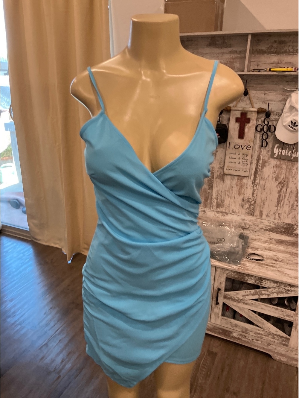 NIB Light Blue Ruched Mini Dress with Spaghetti Straps